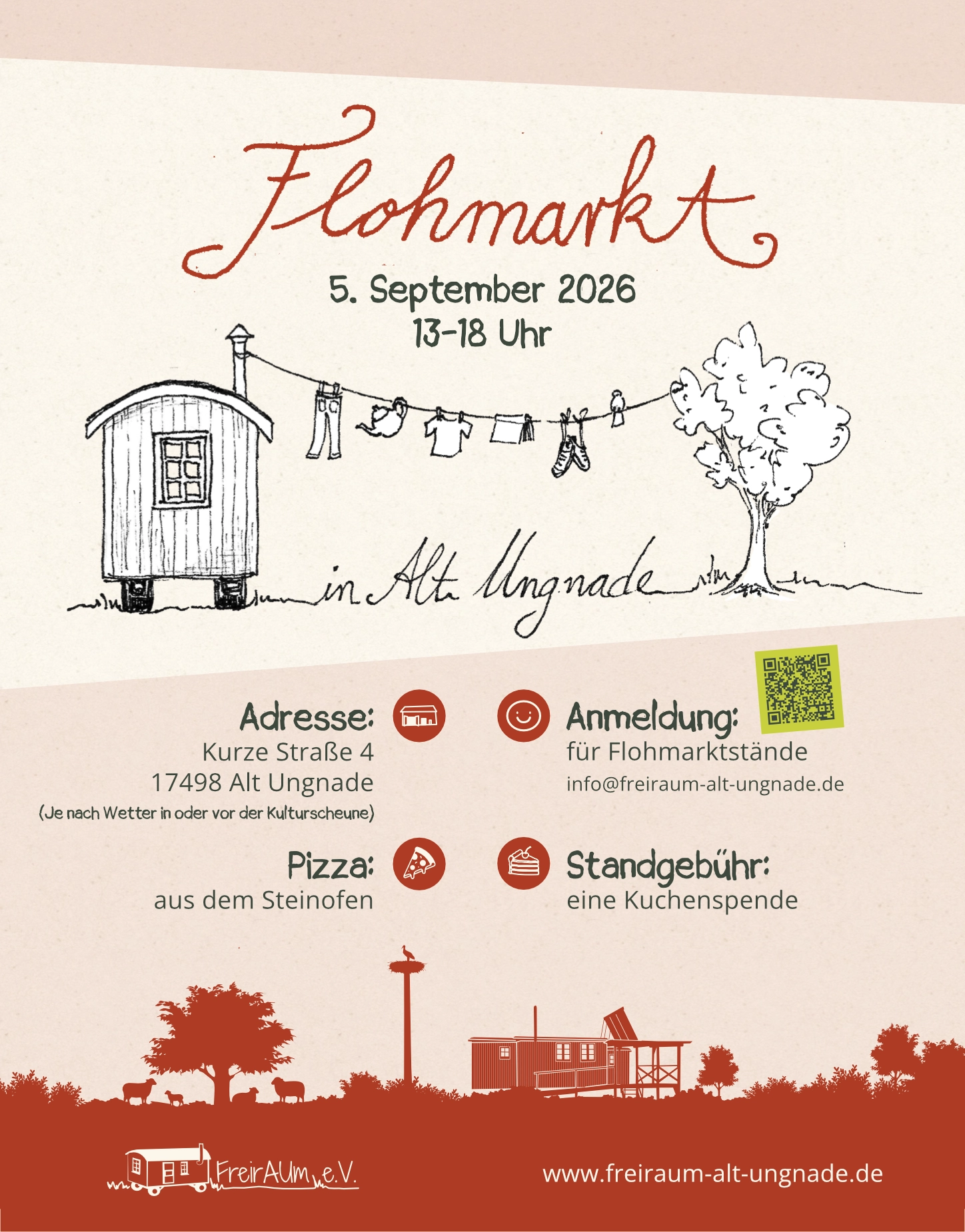 Flyer für den Flohmarkt in Alt Ungnade am 5. September 2026, 13 bis 18 Uhr, Kurze Straße 4, mit Pizza aus dem Steinofen und Standgebühr in Form einer Kuchenspende